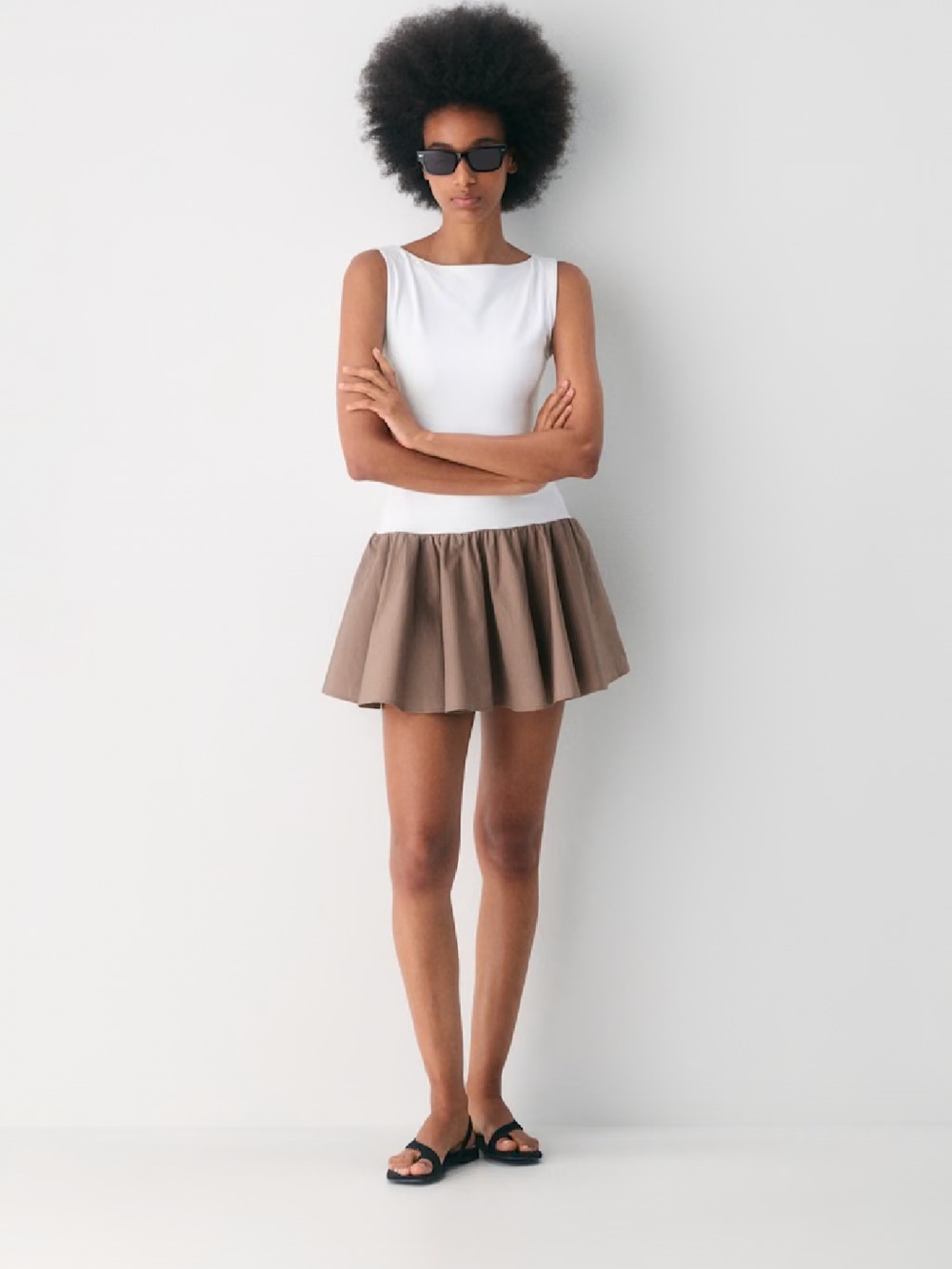 Aritzia White Tank with Taupe Flared Mini Skirt
